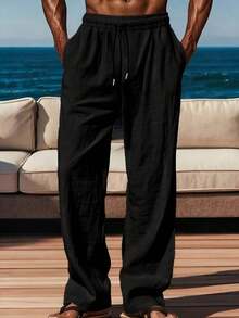 Pantalones rectos casuales y sueltos de hombre, ligeros, para exteriores - Negro - Ver 3
