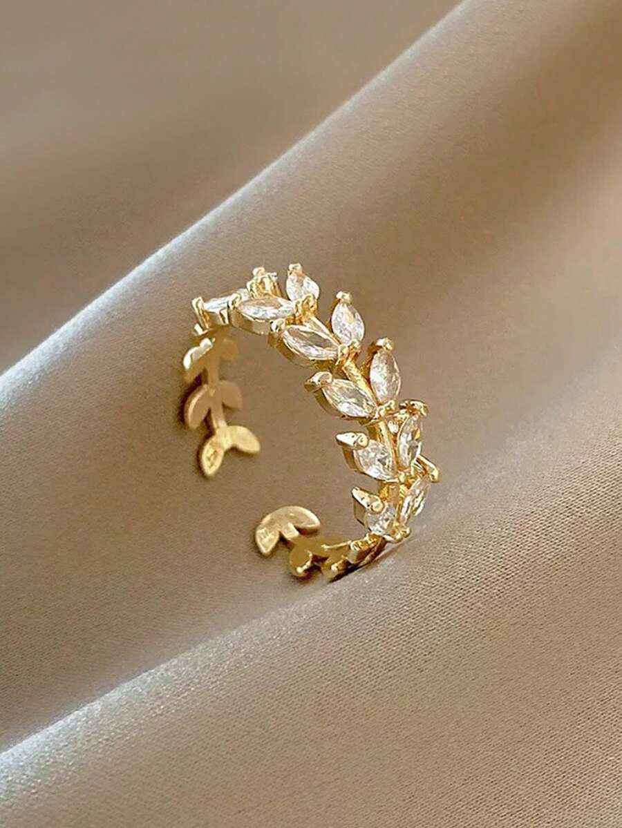 1pc Elegant Luxury Minimalist Exquisite High-End Leaf Design Zirconia Inlaid Copper Alloy Open Ring, Suitable For Women's Daily, Commute, Festival, Party, Casual Wear - Yellow Gold - View 1