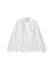 韩式早春时尚系带长袖衬衫，百搭上衣 - 白色 - 查看 5