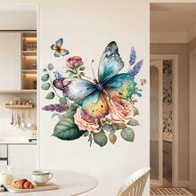 1张水彩蝴蝶、绿叶、玫瑰、薰衣草窗贴，DIY可移除PVC自粘贴纸，适用于春季卧室、客厅、阳台和店面装饰 - 彩色 - 查看 4