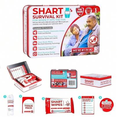 1pc Funny Shart Survival Kit , Ultimate Poop Prank Gag Gift Set Contains Wet Wipes, Disposable Underwear, Tissues And Hilarious Badge. Novelty Fart Potty Pack Great For Friends Or Family