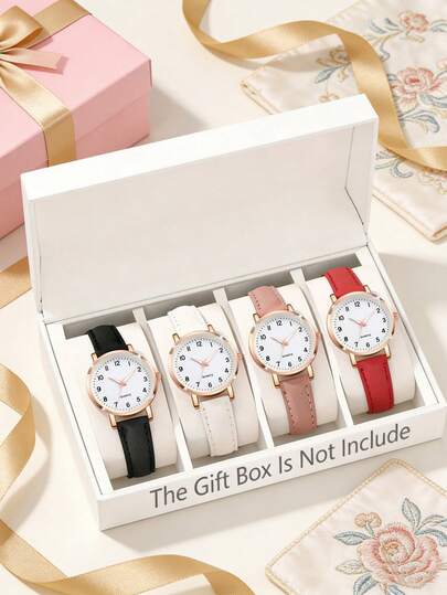 4PCS Fresh And Versatile Women's Quartz Watch Set, Part Of A Women's Accessory Jewelry Collection, Featuring Rose Gold Frames With Black, White, Pink, And Red Multi-Color Straps And A Simple Dial Design, Exuding A Gentle And Charming Style For Everyday Wear. Suitable For Christmas Dates, New Year Commuting, Daily Outings, And Gatherings With Friends