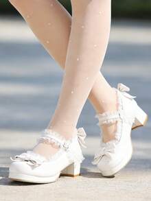 Women Kawaii Block Heel Mary Janes Pumps With Bow Platform Pumps Chunky Heel Cute Lace Sweet Lolita Style Shoes For Girls Students Cosplay Party Dress Wedding Shoes - 白色 - 查看 3