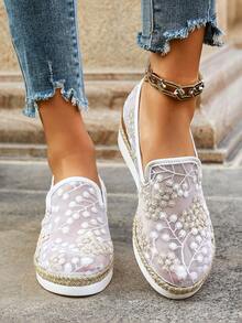 休闲优雅蕾丝网面鞋面，时尚百搭坡跟绳粗底休闲女鞋 - 白色 - 查看 3