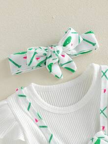 Conjunto de otoño para niña, mono de patchwork con estampado de carrito de golf de manga larga y diadema, ropa para bebé - Verde - Ver 3