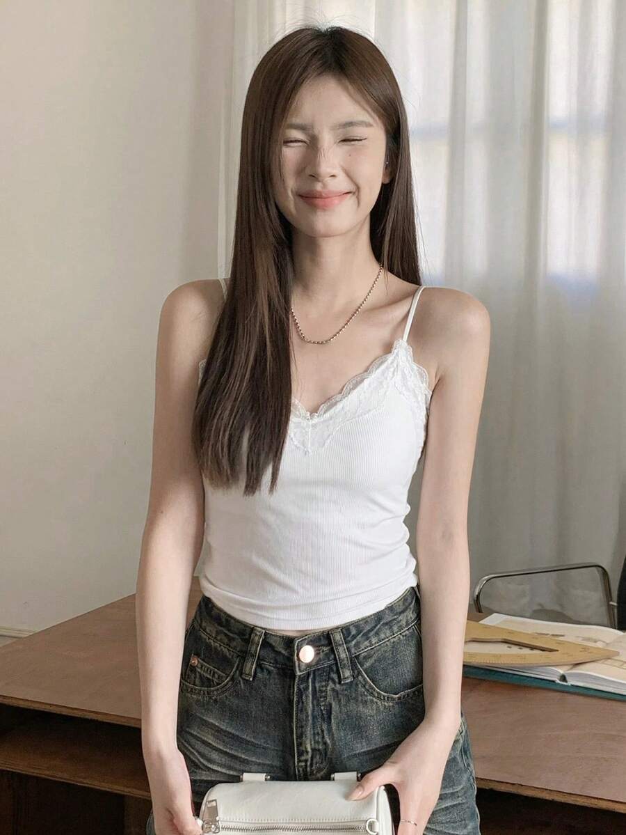 Yorily 法式蕾丝吊带背心,带衬垫胸罩,性感内衣,女士春夏休闲白色 - 白色 - 查看 1