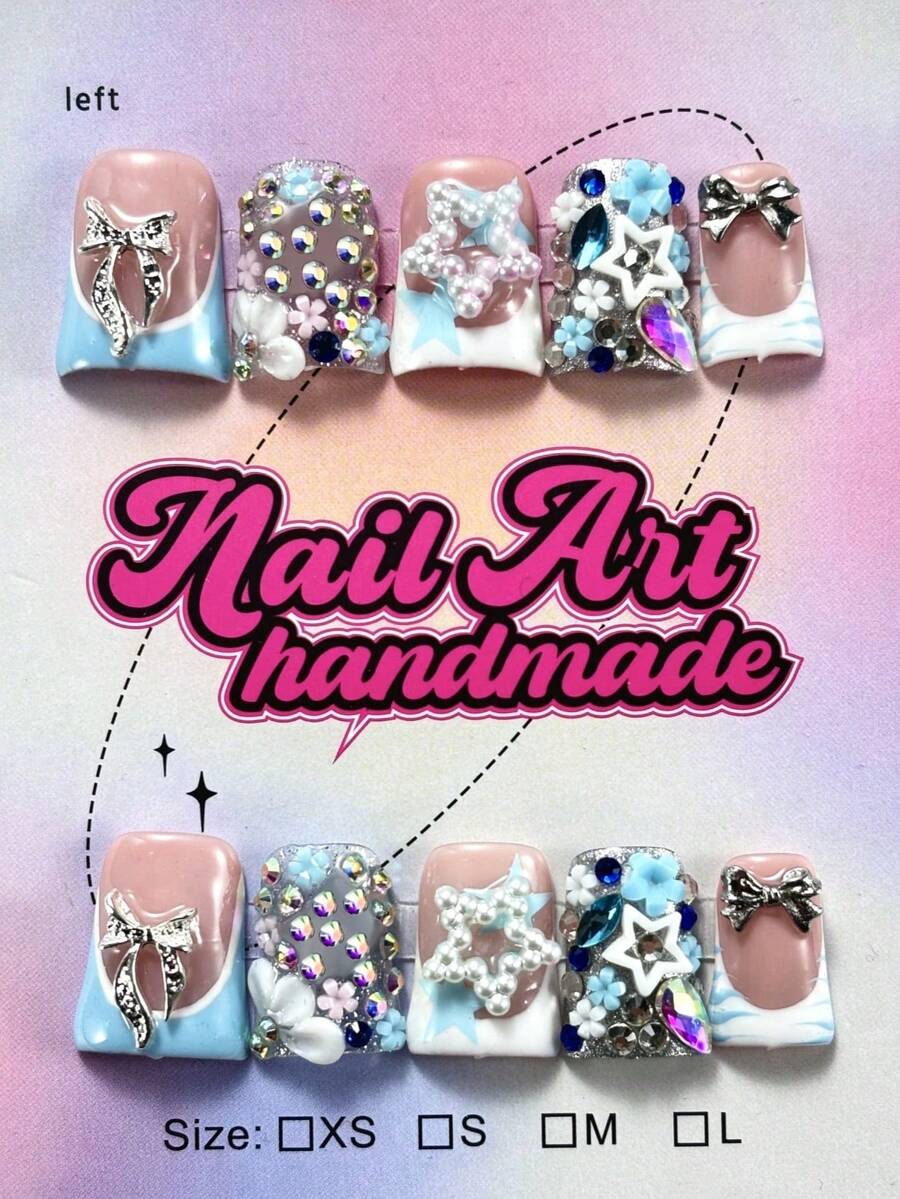 Bộ 10 miếng dán móng tay thủ công phong cách Rapper Y2K, bao gồm các màu nude, cam, xanh dương, đỏ ombre, họa tiết ngọn lửa, thiết kế hoa thủ công, hình trái tim kim loại, chất liệu acrylic dán móng, phù hợp cho phụ nữ và bé gái dùng trong các bữa tiệc, sử dụng hàng ngày và làm quà tặng. - Xanh và trắng - Xem 1