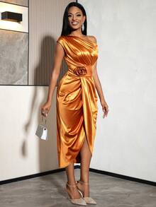 Women Elegant Brown Satin One Shoulder Fitted Dress With 3D Flower Asymmetrical Crossed Hem Dresses Wedding Guest Formal Occasions - Brown - View 5