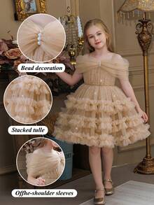 Young Girls Champagne Spaghetti Strap Off Shoulder Sequin Handmade Beaded Mesh Elegant Christmas Party Cake Dress, Princess Dress, Suitable For Girls Birthday Party, Prom, Wedding Flower Girl, Easter, Graduation - Khaki - View 4