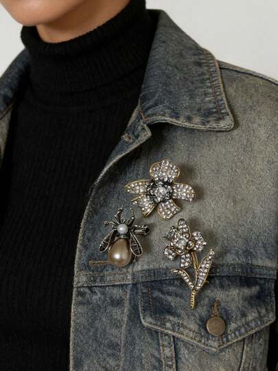 Elegante y lujoso set de broches de flor y insecto de diseño de alta gama con combinación de aleación y cristales de rhinestone para mujeres