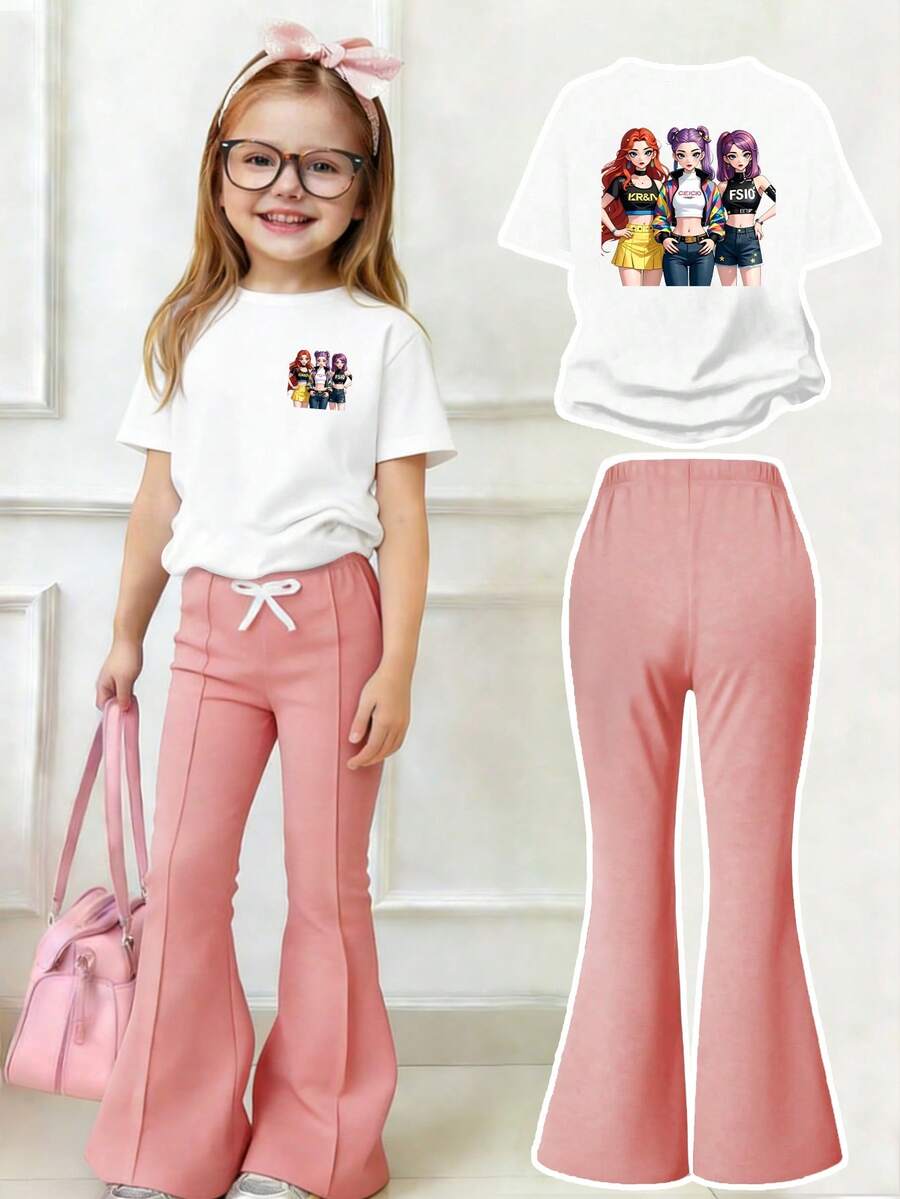 Bộ áo tay ngắn và quần ống loe in hình hoạt hình dành cho bé gái tuổi teen - trắng - Xem 1