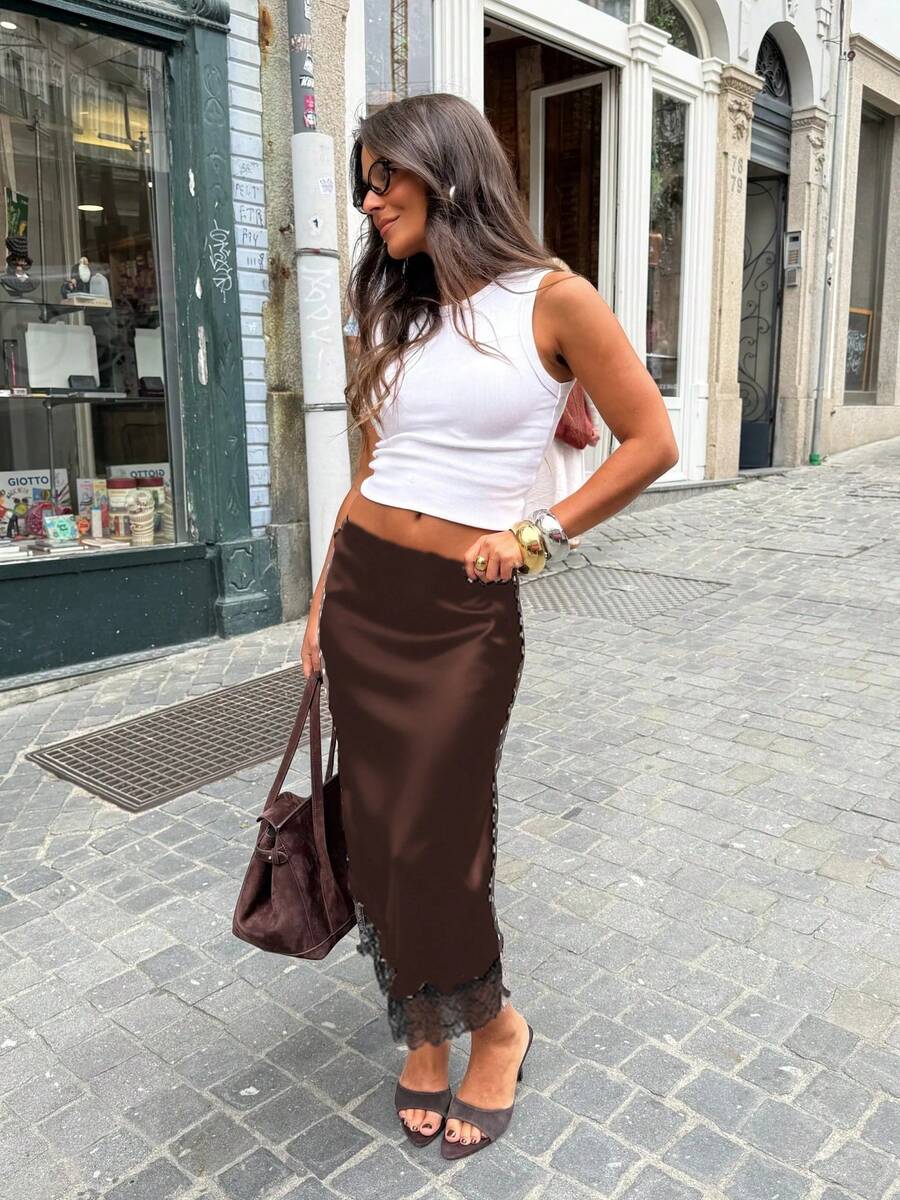 Women Satin Lace Trim Midi Skirt Polka Dot Print High Waist Long A-Line Skirts Vintage Silk Going Out Dress Y2k Streetwear Party Clubwear - 摩卡棕 - 查看 1