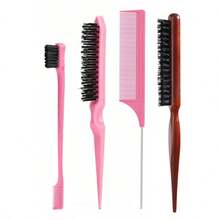 4-Piece Unisex Boar Bristle Hairbrush And Beard Brush Set, Smoothing Hairbrush, Smoothing Hairbrush Set, Beard Brush, Dense Bristle Hairbrush, Suitable For Long And Thick Curly, Wavy And Dry Hair Gifts For Her / Gifts For Him/Romantic Gift/Love Gift/Couple Gift/Valentine Present/Valentine - Multicolor - View 1