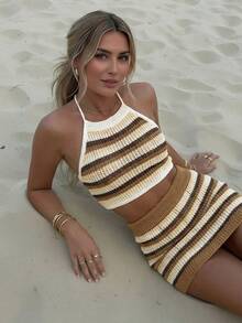 Women's Summer Striped Camisole Knit Top And Shorts Set, Vacation/Beach Outfit - Multicolor - View 2