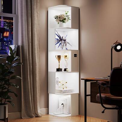 HWB 5-Tier Corner Bookshelf With LED Sensor Lights (5-Tier-White)