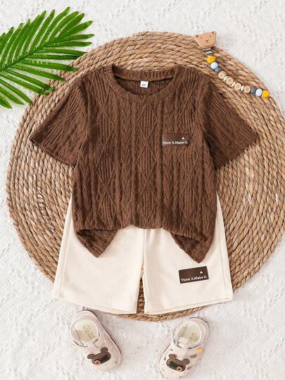 男童纯色提花短袖T恤短裤套装（2件套），春夏休闲日常穿搭