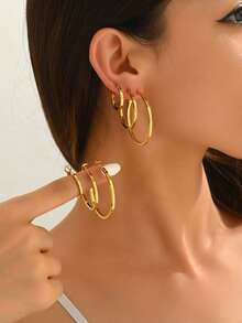 6pcs/Set Women's Stainless Steel Geometric Design Hoop Earrings Set, Suitable For Daily Wear - Multicolor - View 6