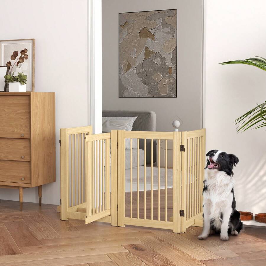 PawHut Barrera para Perros de Madera Plegable, para Escaleras y Puertas, Valla para Perros Pequeños y Medianos de 4 Paneles, con Soporte de Pie, para Interiores, 204x36x75 cm, Natural - Marrón - Ver 1