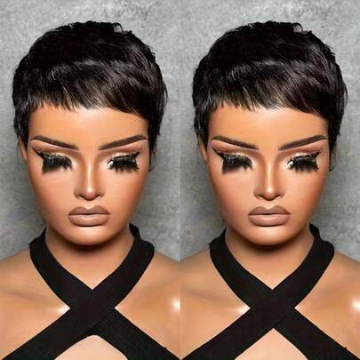 女士短假发，真人发黑色精灵短发，1B色短层次假发，巴西真人发，130%密度，精灵短假发，真人发，适合日常佩戴，爱情礼物，情人节礼物，时尚层次短假发，带刘海，无蕾丝前额假发，真人发