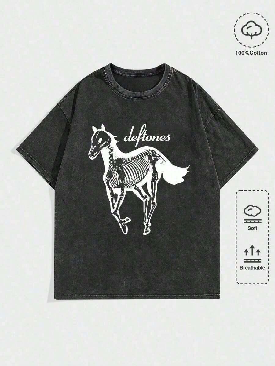 1Pcs,2026,EWH Vintage Washed Rock Tee |      Band Skull Print, Alternative Metal Fans Short - Sleeve,Cheap Clothes,Shirts Graphic,T Shirt Men DG004 - 黑3 - 查看 1