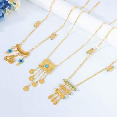 イスラム サウジアラビア ゴールドカラー ロングネックレス 21金メッキ ジルコニア アラブコイン ペンダントチェーン レディースファッション イベント パーティージュエリー