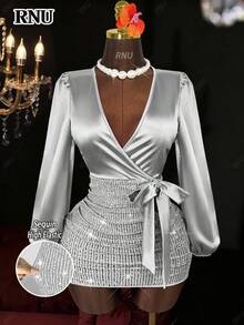 RNU Robe moulante mini élégante à col en V, manches lanternes, patchwork de satin et sequins gris et argent, avec nœud torsadé sur le devant. Convient pour les rendez-vous, les boîtes de nuit, les rues, la Saint-Valentin, les anniversaires, les carnavals, les fêtes, le Nouvel An, le printemps/été, les invités de mariage/fêtes de vacances - Argent - Voir 6