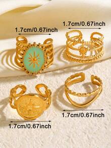 4件套奢华优雅复古18K镀金不锈钢几何圆形珠线戒指套装，适合女性日常、节日、晚宴、情侣约会、假日佩戴，百搭戒指套装 - 彩色 - 查看 10