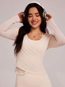 VUTRU 二合一可拆卸网眼长袖运动罩衫，瑜伽普拉提运动服上衣 - 杏色 - 查看 6