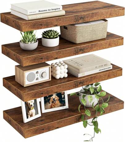 4 repisas flotantes para pared con acabado de madera rústica, con soportes invisibles, para decoración de pared, para baño, sala, dormitorio y cocina, 40 cm, café rústico