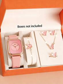 Set de 6 piezas de reloj de cuarzo cuadrado minimalista y pulsera, collar, aretes y anillo con mariposa rosa, correa de silicona, regalo ideal para el Día de San Valentín, versátil para uso diario - Rosa - Ver 1