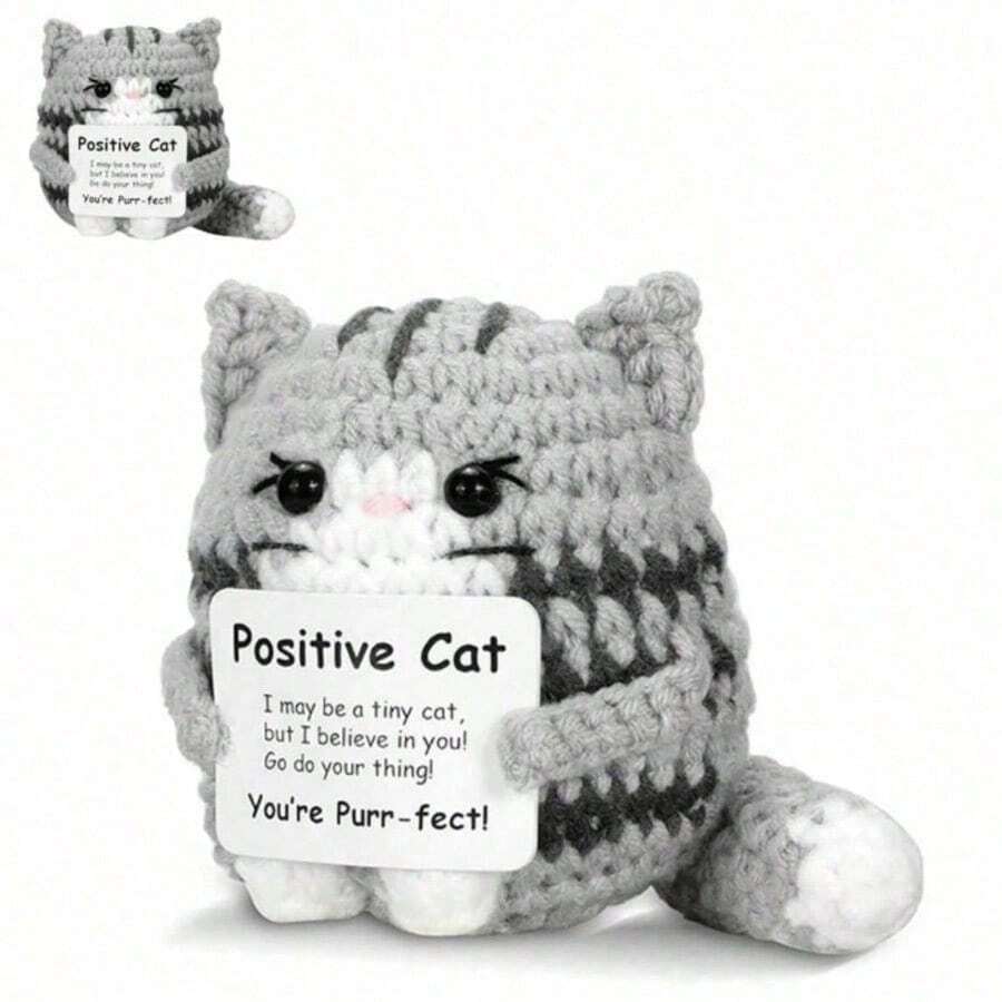 Positive Crochet Cat Mini Animal Emotional Cheer Up Support Gifts, Funny Crochet Mini Handmade Cat For Women Men Friends Mom Daughter Son, Plush Duck Shark Penguin Decorative Ornaments, Birthday Christmas Decor Graduation Gifts - 彩色 - 查看 1