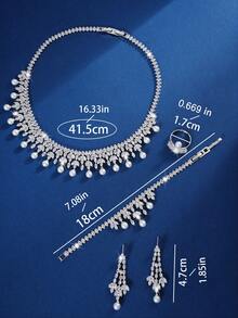 5-częściowy luksusowy błyszczący zestaw biżuterii z perłami syntetycznymi i cyrkoniami sześciennymi, w tym naszyjnik, kolczyki, pierścionek, bransoletka, odpowiedni dla kobiet na ślub, urodziny, święta, imprezy i inne okazje. - Biały - Zobacz 5