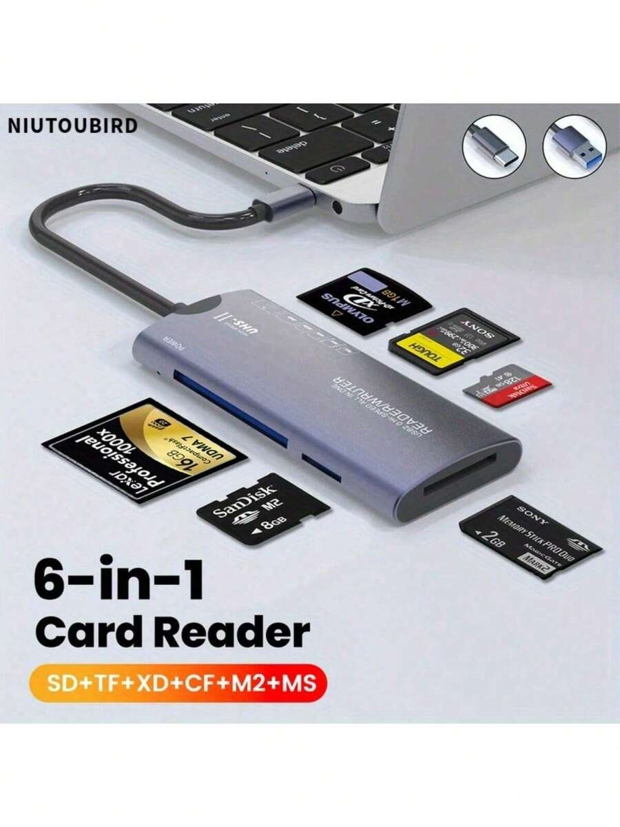 Niutoubird 6-In-1 Multifunctional Card Reader | USB High-Speed Data Transfer Adapter | Compatible With Type-C/SD/TF/XD/CF/M2 Cards | Plug-And-Play Battery-Free For Cameras & Computers - Multicolor - View 1