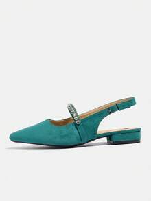 Giày sandal nữ hở gót, gót chunky màu xanh lục lam đính đá, mũi nhọn, gót thấp kiểu Pháp, quai ngang mắt cá chân, phù hợp cho các hoạt động thường ngày, công sở và ngoài trời. - xanh lam-xanh lục - Xem 5