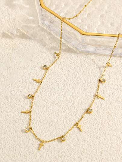 1件装不锈钢十字架吊坠项链，镶嵌水钻，防水防褪色，复活节主题流苏项链，适合搭配毛衣，日常佩戴，派对装扮，个性化配饰