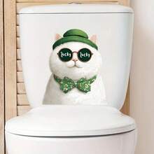 1 Sheet Cute White Cat Lucky Charm Toilet Sticker, Green Hat + Floral Bowtie Decor For Shower Room & Home, Self - Adhesive Easy Install