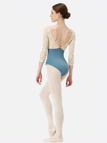 DonsGirl 1pc Women 3/4 Sleeve Lace Patchwork Ballet Dance Costume - Blue - View 6