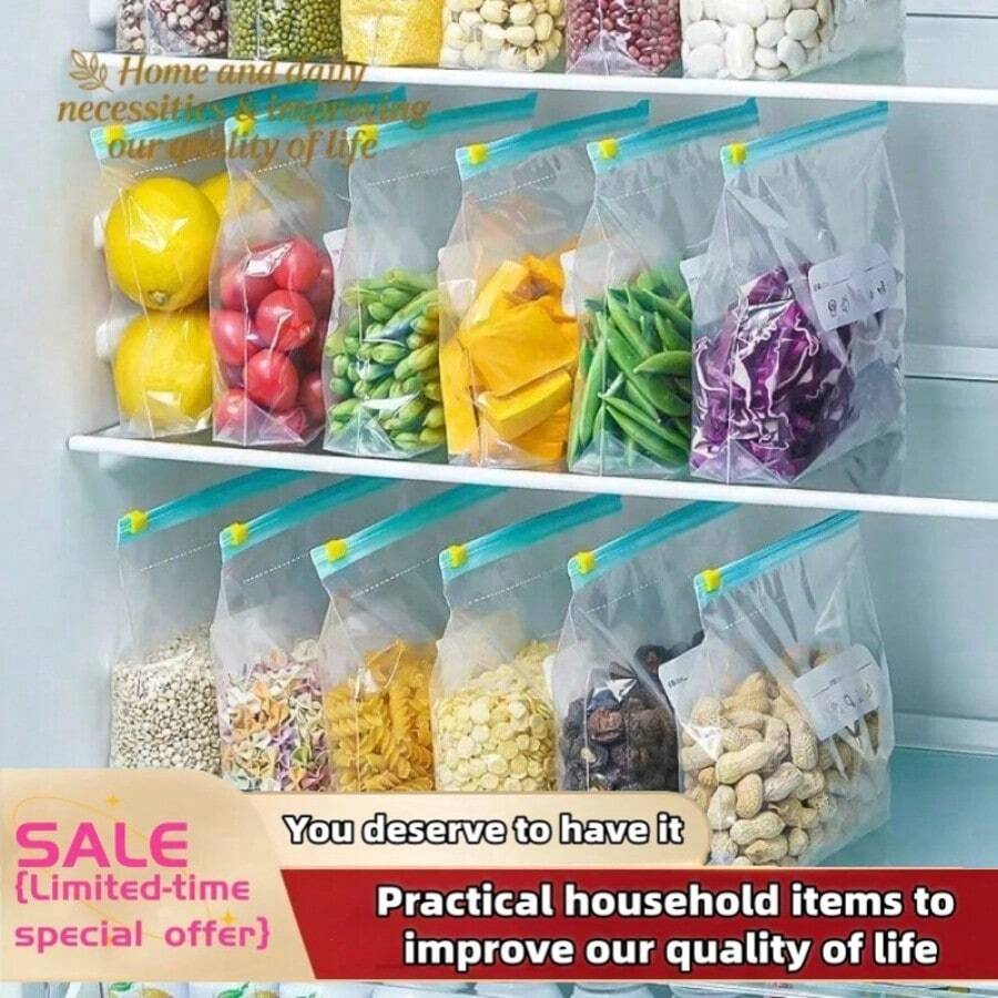10/45个可重复使用密封食品保鲜袋（10个大号+15个中号+20个小号），加厚冷冻袋，微波炉适用，蓝色，用于长期食品保鲜和整理，透明PE拉链袋，适用于厨房食品分类、零食储存、果蔬分类、食品安全，居家必备收纳袋 - 白色 - 查看 1