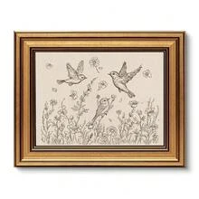VIYYIEA Vintage Gold Framed Wall Art For Living Room, Birds & Flowers Canvas Prints Home Decor, Sketch Painting Picture, Bedroom Wall Decor Gifts For Friends Or Family -[Birds & Flowers]-(10L X 8W) - [鳥語花香] - 查看 1