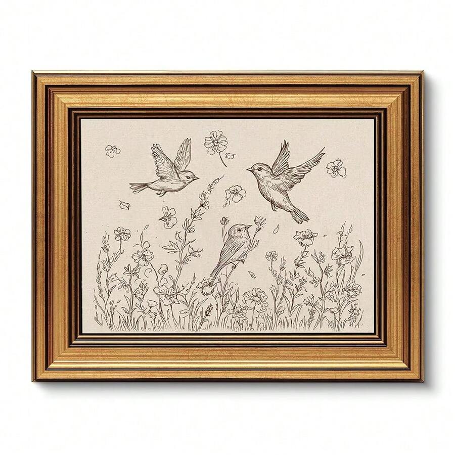 VIYYIEA Vintage Gold Framed Wall Art For Living Room, Birds & Flowers Canvas Prints Home Decor, Sketch Painting Picture, Bedroom Wall Decor Gifts For Friends Or Family -[Birds & Flowers]-(10L X 8W) - [鳥語花香] - 查看 1