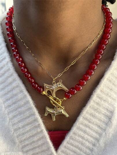 1 chiếc vòng cổ mặt dây chuyền hình ngựa đính hạt màu đỏ dễ thương, phụ kiện thời trang dự tiệc, quà tặng Valentine, quà cho mẹ, quà Ngày của Mẹ.