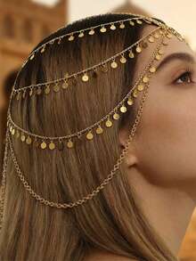 1pc Coin Disc Chain Pendant Necklace, Shiny Tassel Chain Headpiece, Lightweight Luxury Versatile Accessory