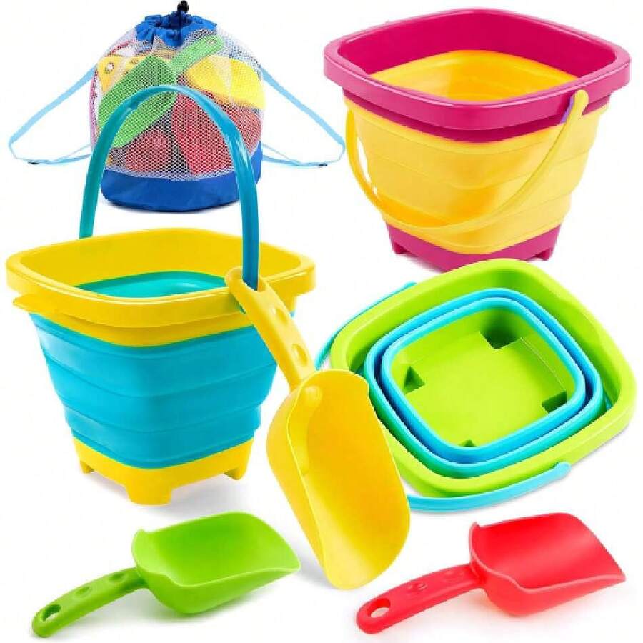 Sloosh Cubo Plegable de 3 Piezas con 3 Palas Cubo de Arena Cubo de Arena Cuadrado Fiesta Cubo Plegable Cubo de Verano Cubo de Silicona (Amarillo/Azul/Verde),37856730 - Gris Oscuro - Ver 1