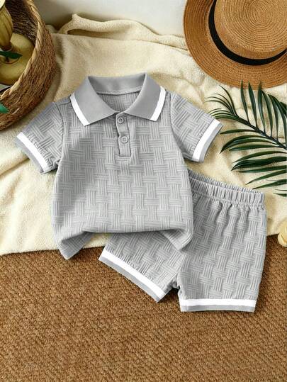 Bhchntiy 两件套幼儿男童夏季新款Polo领提花纯色上衣和短裤休闲时尚套装