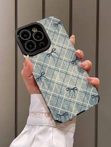 1pc Retro Unique Blue Bowknot & Plaid Pattern Soft Leather Texture Anti-Slip Anti-Drop Phone Case, Suitable For Apple And Phones ( 17/17 Air/17 Pro/17 Pro Max) - Multicolor - View 3