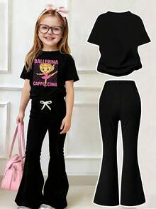 少女卡通印花短袖T恤和喇叭裤休闲套装 - 黑色 - 查看 2