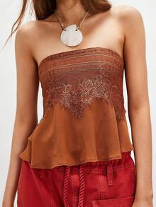 Women Chiffon Lace Tube Top Y2k Floral Embroidery Strapless Backless Bandeau Shirt Cute Summer Flowy Going Out Crop Tops Streetwear - 棕色 - 查看 1