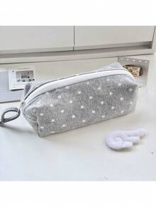1pc Korean Style Polka Dot Gray Canvas Pencil Case, Soft & Stylish Desktop Makeup Bag, Student Stationery Organizer - Pencil Case - View 5