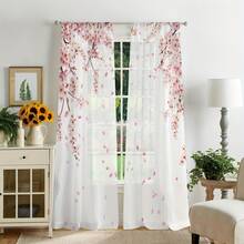 2PCS Simple And Romantic Pink Cherry Blossom Falling Printed Gauze Curtain, Spring Elegant Series Semi Transparent Home Decoration Gauze Curtain, Suitable For Living Rooms, Bedrooms, Study Rooms, Balconies, Offices And Restaurants All Year Round - 彩色 - 查看 4