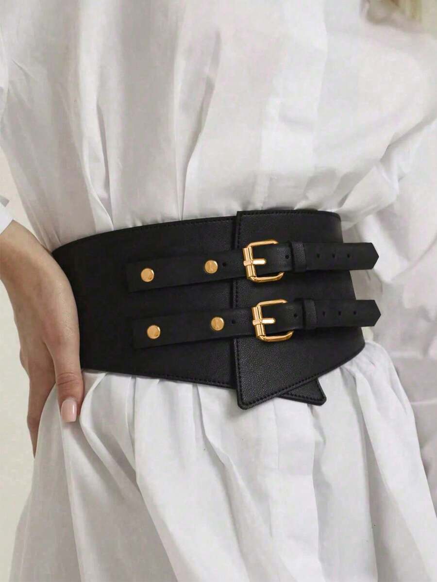 1 件女士黑色和金色双扣时尚腰带，适合日常穿着万圣节服装 - 黑色 - 查看 1